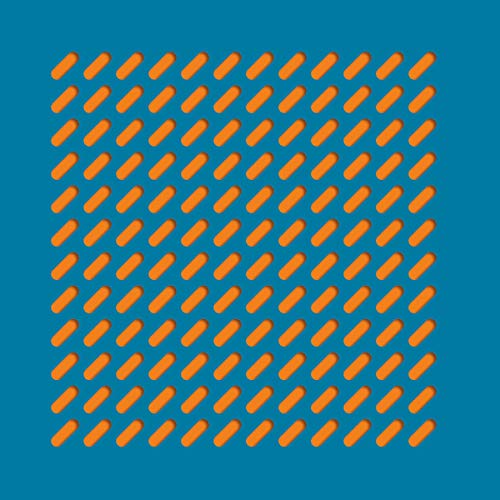 Blue background with a dense pattern of orange, angled rectangles.