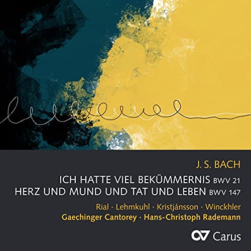 CD cover for Bach's "Ich Hatte Viel Behummernis" with abstract gold and blue art.