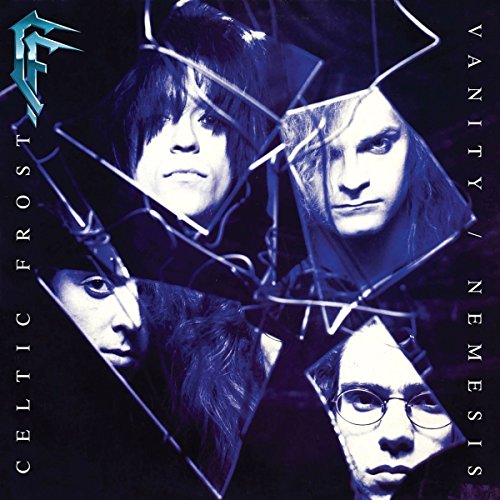 "Album cover with four men's faces in broken mirror shards, blue-toned, dark background."