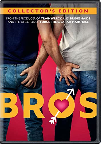 DVD cover for "Bros" featuring two men and a heart-arrow graphic.