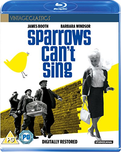 Sparrows Can't Sing" Blu-ray cover with yellow bird, actors, and brick wall.