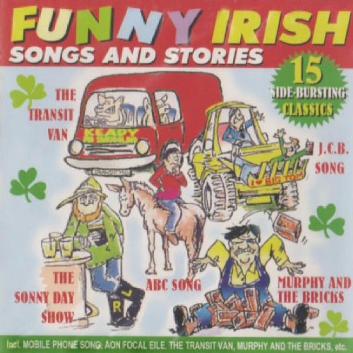 "CD cover with cartoon Irish men and vehicles, surrounded by shamrocks, on a light blue background."