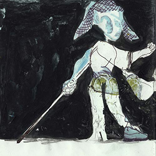 Abstract painting of a figure in dark blues, whites, and greens.