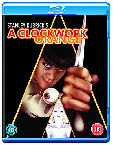 A Clockwork Orange Blu-ray cover featuring a man in a bowler hat holding a knife.