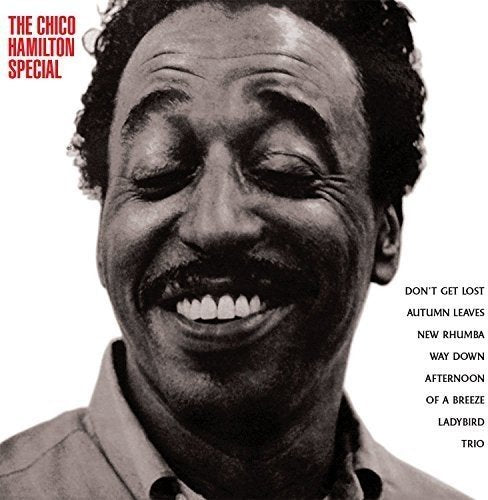 "CD cover featuring black-and-white portrait of Chico Hamilton with closed eyes, smiling."