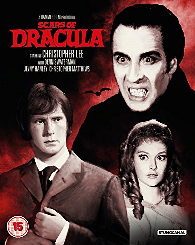 Blu-ray cover art for Scars of Dracula featuring Christopher Lee and two other actors.