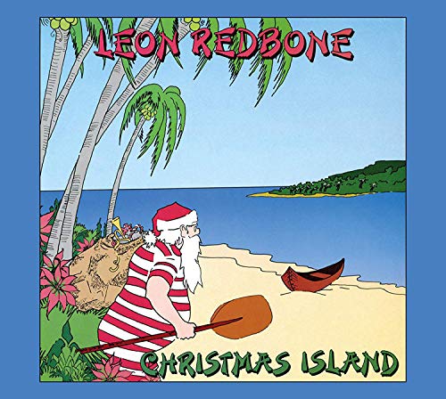"Album cover art: Santa on a beach with a paddle, titled 'Christmas Island'."