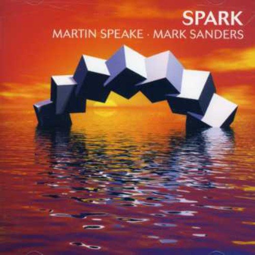 Album cover with geometric arch over water, orange sunset background, and artist names.