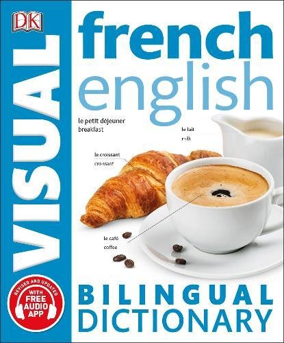 "Book cover with a croissant, coffee, and milk, labeled in French and English."