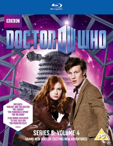 "Blu-ray cover for 'Doctor Who' featuring Matt Smith and Karen Gillan against a purple background."