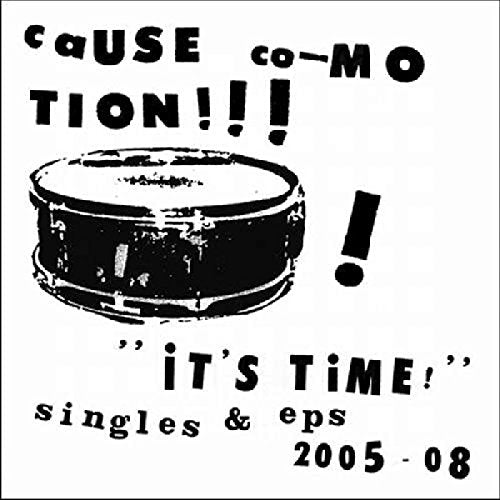 Black and white CD cover with a drum and bold text: “Cause Co-motion!”