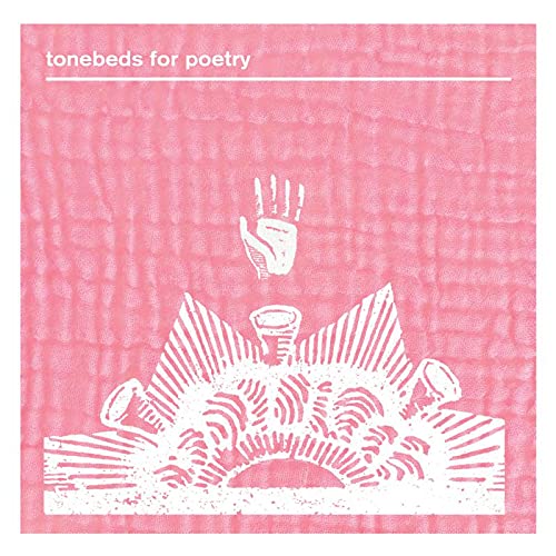 Red album cover with white linocut of a hand and musical instruments.