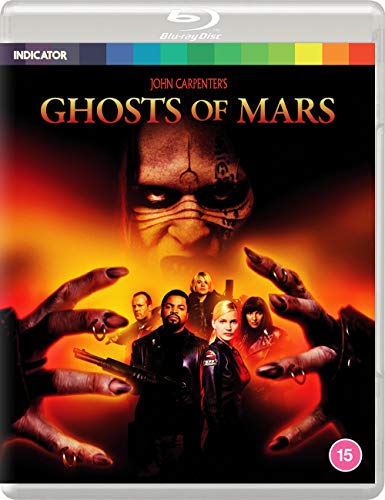 Ghosts Of Mars" Blu-ray cover featuring a menacing figure and a team with weapons.