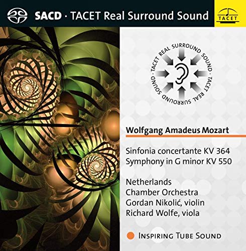 CD cover with abstract green design and Mozart's music details.