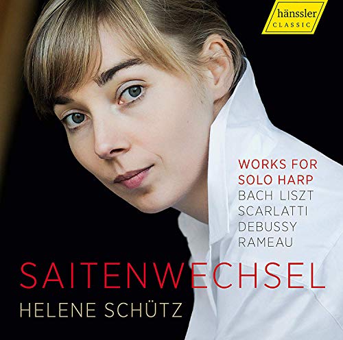 CD cover featuring portrait of harpist Helene Schutz with red text.
