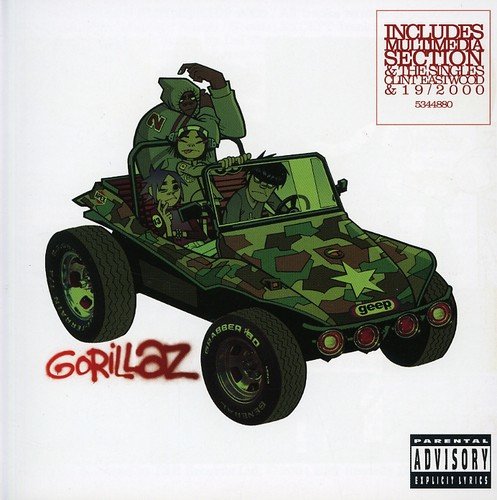 "Album cover featuring cartoon characters in a camouflage jeep with 'Gorillaz' written in orange."