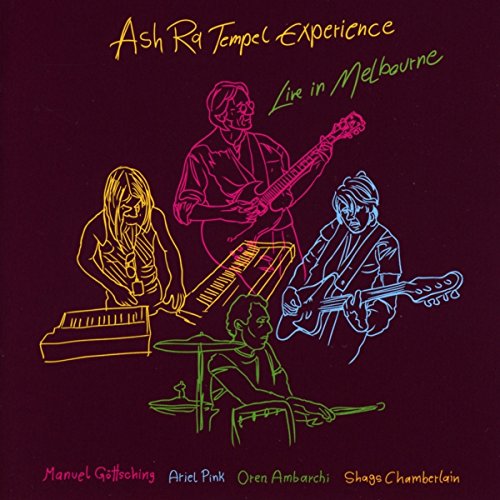 "CD cover with musicians outlined in different colors on a dark purple background."