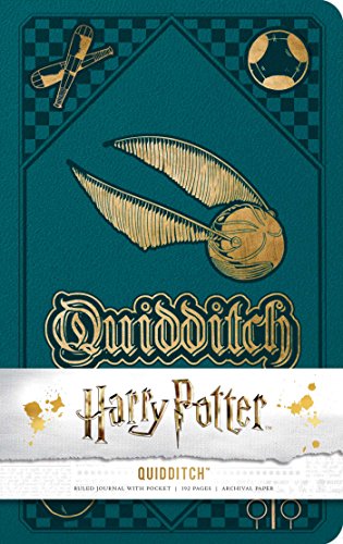"Teal hardcover journal with golden Quidditch illustrations and 'Harry Potter' text on the cover."