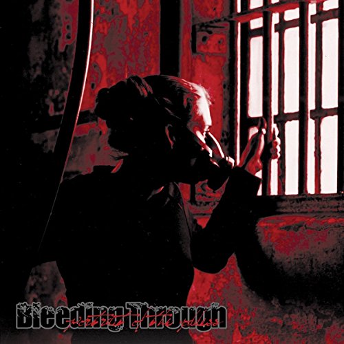 A person in silhouette looks through barred windows against a dark red textured background.