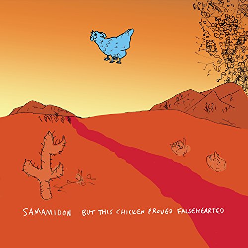 Album cover art featuring a blue chicken in a desert landscape with red stream.