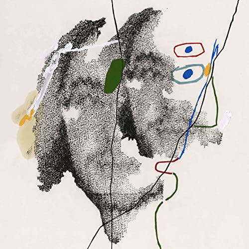 Abstract black dotted shapes with colorful lines and geometric forms.