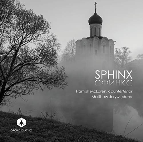 Black and white image of a church in fog with text Sphinx and artist names.