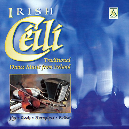 "CD cover with blue background, fiddles, and accordion, titled 'Irish Ceili'."