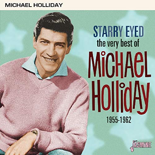 "Album cover featuring a smiling man in a pink sweater against a green starry background."