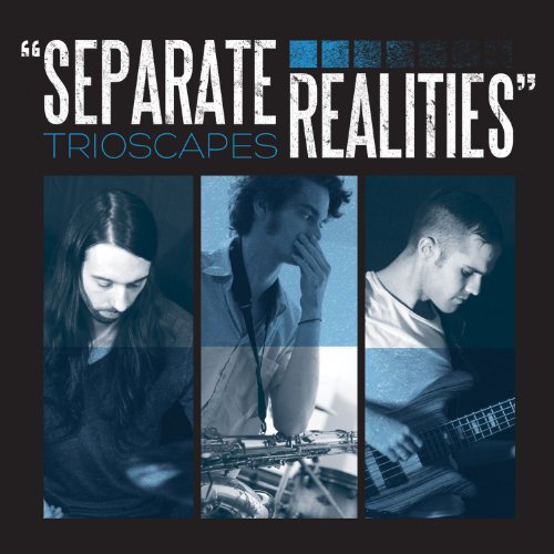 "Album cover with three men, each playing a different musical instrument, in blue tones."