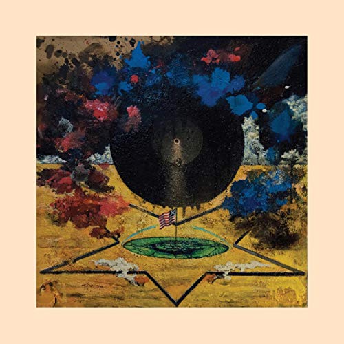 Album cover with abstract paint splatters, a record, and an American flag.