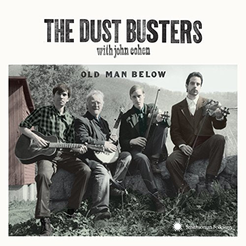 "Album cover with black and white photo of four men holding stringed instruments outdoors."