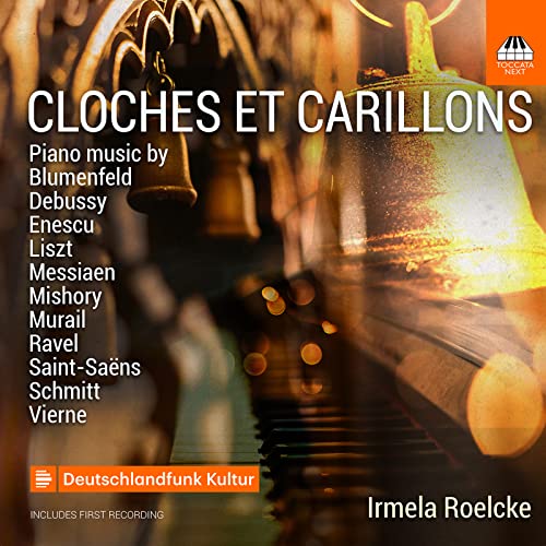 CD cover for "Cloches et Carillons" featuring bells and piano keys.