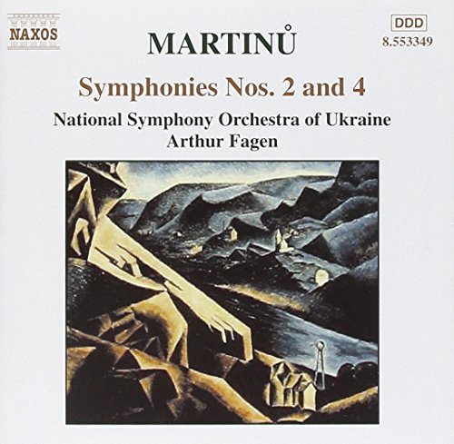 "CD cover with abstract landscape painting and text describing Martinu's Symphonies Nos. 2 and 4."