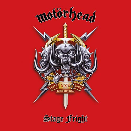 Red album cover with silver skull emblem and "Motörhead Stage Fright" text.