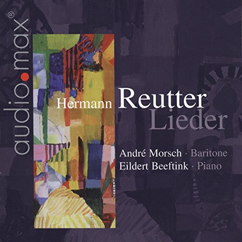 The image shows a CD cover with a dark background and a colorful abstract art piece. #### Alt text: "CD cover with abstract art and text 'Hermann Reutter Lieder' on a dark background."