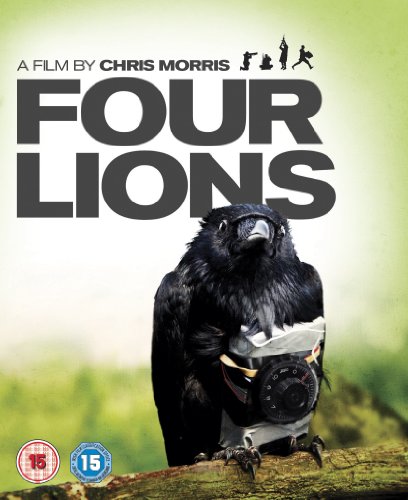 Four Lions" DVD cover featuring a crow with a camera, green background.
