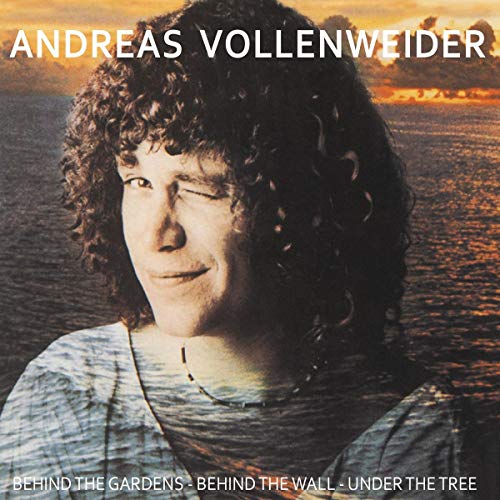 Andreas Vollenweider's album cover featuring a man with curly hair by water at sunset.