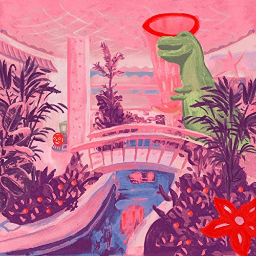 Painted CD cover featuring a green dinosaur with a halo in a garden.