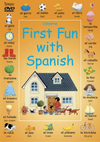 "Cover of 'First Fun with Spanish' DVD featuring a cartoon house and labeled objects."