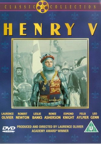 DVD cover featuring Laurence Olivier as Henry V in medieval armor with other soldiers.