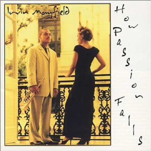 Album cover with man holding trumpet and woman in black dress on balcony.