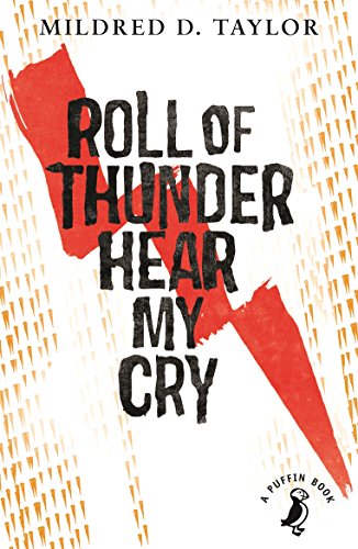 "Book cover with 'Roll of Thunder, Hear My Cry' in black text on a red lightning bolt."