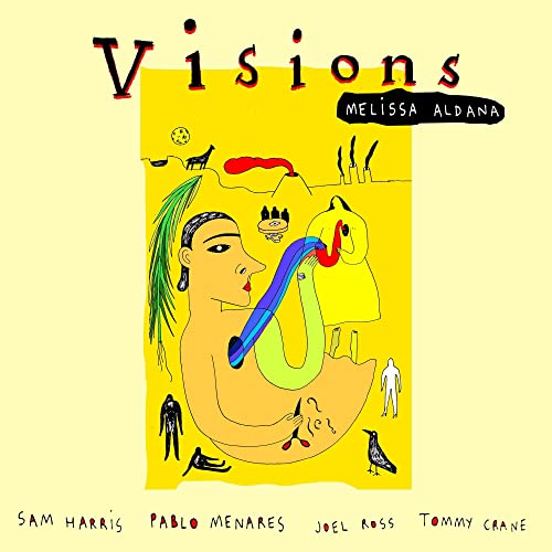 CD cover for Melissa Aldana’s “Visions” with abstract, colorful illustration.