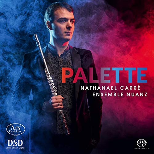 "CD cover featuring a man holding a flute, surrounded by blue and red smoke."