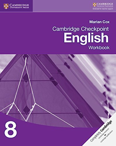 "Purple textbook cover with white text 'Cambridge Checkpoint English Workbook 8' and abstract kite design."