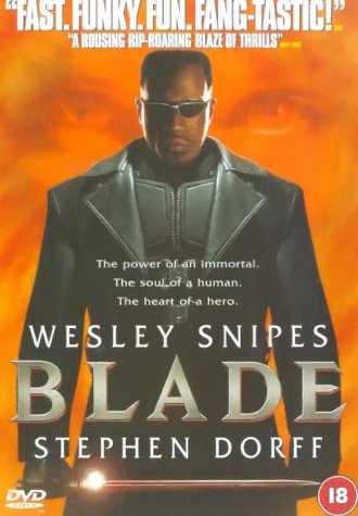 Wesley Snipes as Blade on DVD cover, dark clothing, orange background.