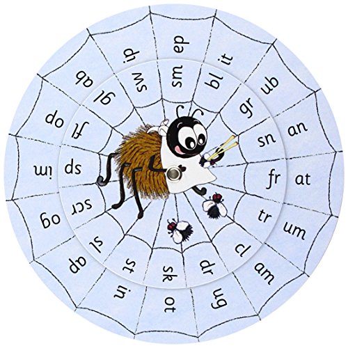 Circular educational chart featuring a cartoon spider web with letter blends and a spider.