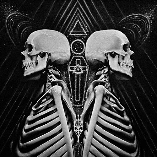 Black and white album cover featuring two mirrored skulls and geometric shapes.