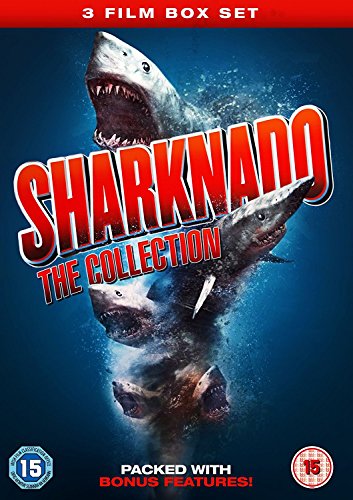 DVD boxset cover featuring three sharks in a tornado with "Sharknado" title.