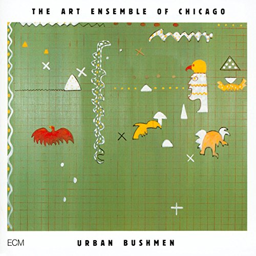 "Album cover with abstract green background and various shapes, titled 'Urban Bushmen'."